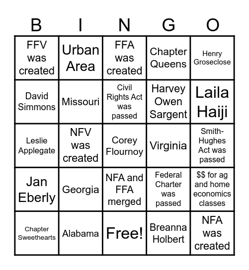 Basic FFA History Bingo Card