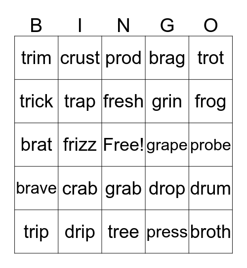 R Blends Bingo Card