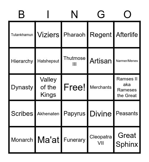 Ancient Egypt Society and Pharaohs Bingo Card