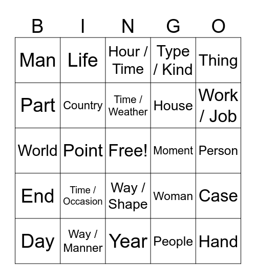 Top 25 Spanish Nouns Bingo Card