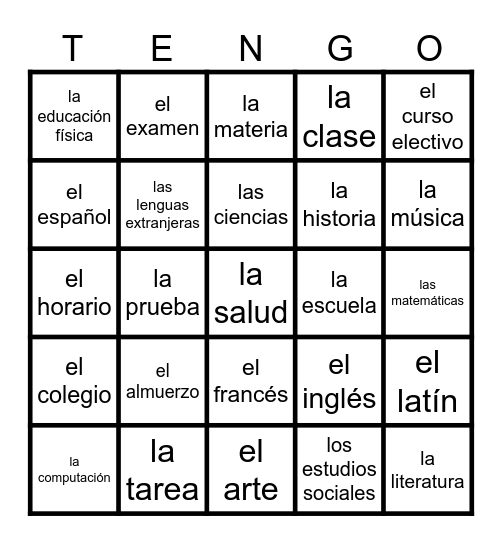 Spanish1U1Subjects Bingo Card