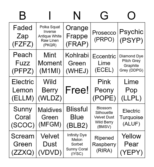 luluelmon Colour Code Bingo Card