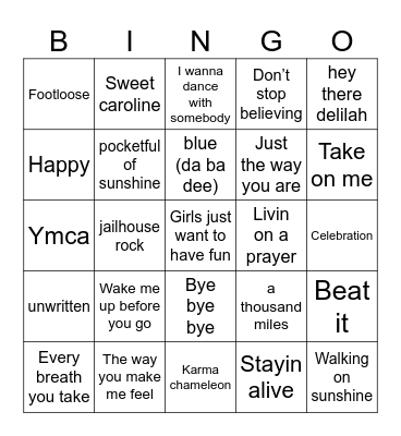Pop Songs Bingo Card