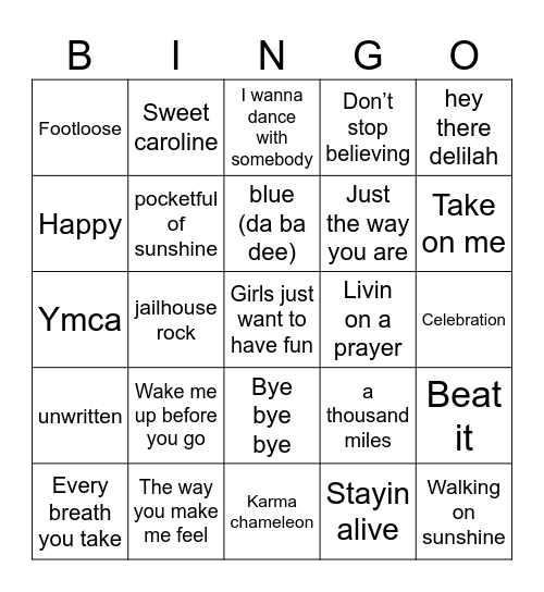 Pop Songs Bingo Card