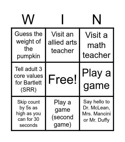 Bartlett Back to School Night Bingo Card