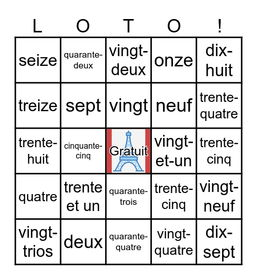 French numbers 0-60 Bingo Card