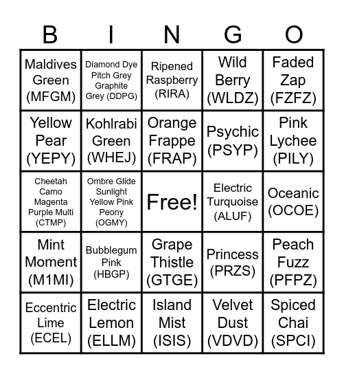 lululemon Colour Code Bingo Card