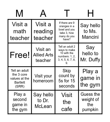 Bartlett Back to School Night - Family Card Bingo Card