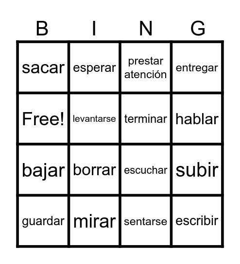 TPR Verbs Bingo Card