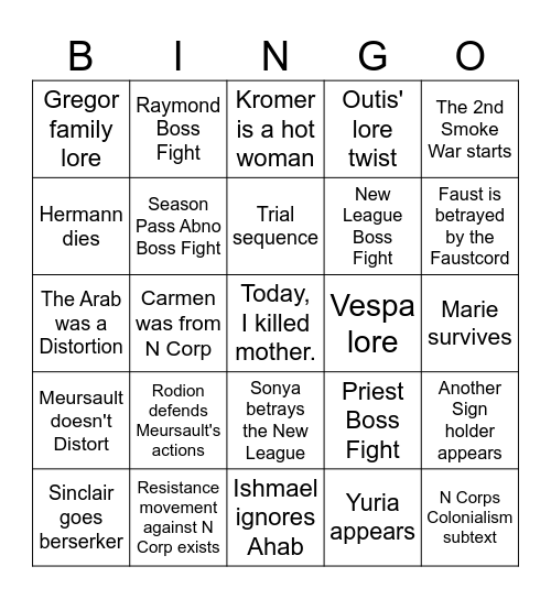 Canto X Bingo Card