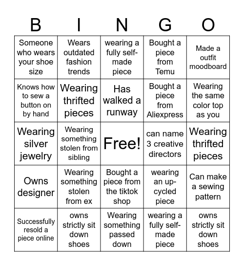 SFC Speed Friending FASHION Bingo!! Bingo Card