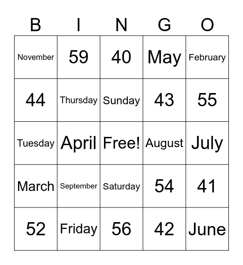 Días/ Meses/40-60 Bingo Card