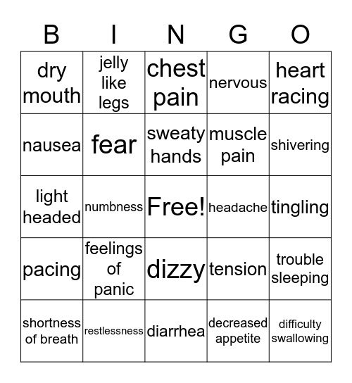 Anxiety  Bingo Card