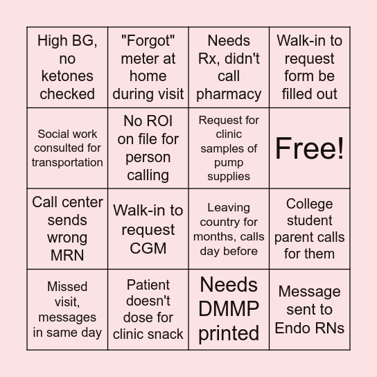 Diabetes Educator Bingo Card