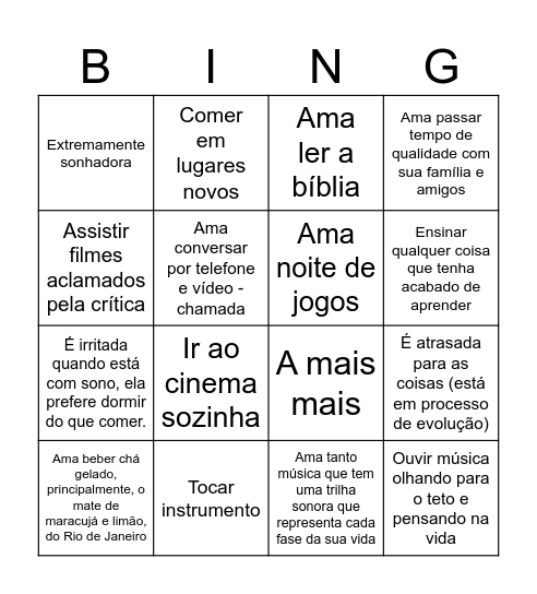 Coisas que a mica é ou ama fazer Bingo Card