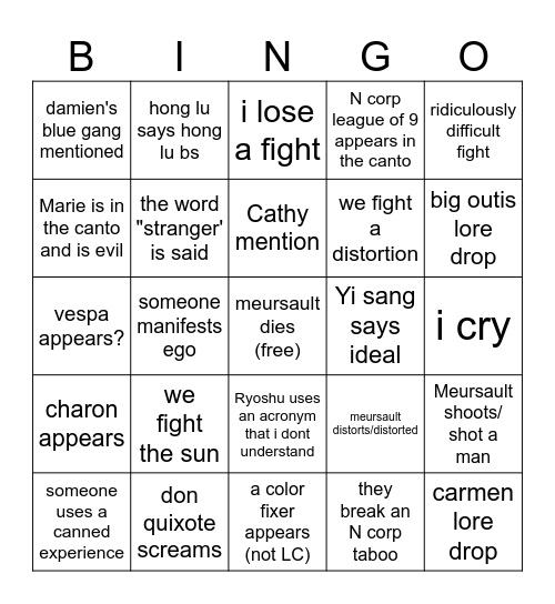 canto 10 bingo Card