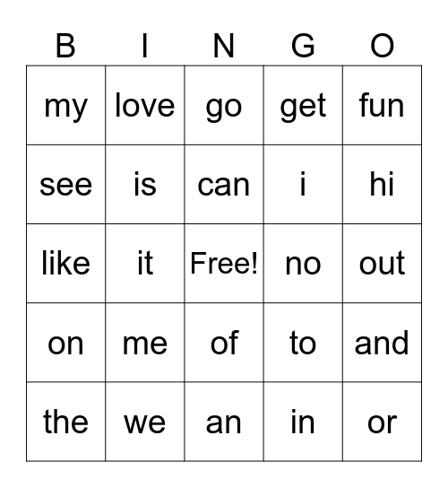 Beginning Words Bingo Card