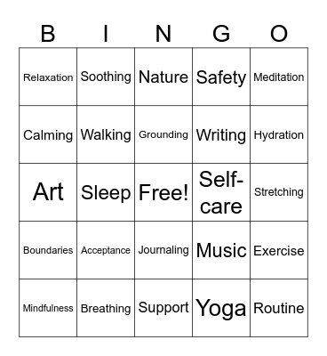 Trauma Coping Skills Bingo Card