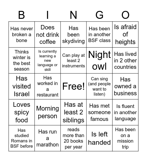 Human Bingo Card