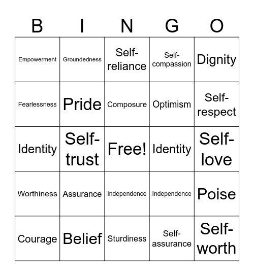 Self-Esteem and Confidence Bingo Card
