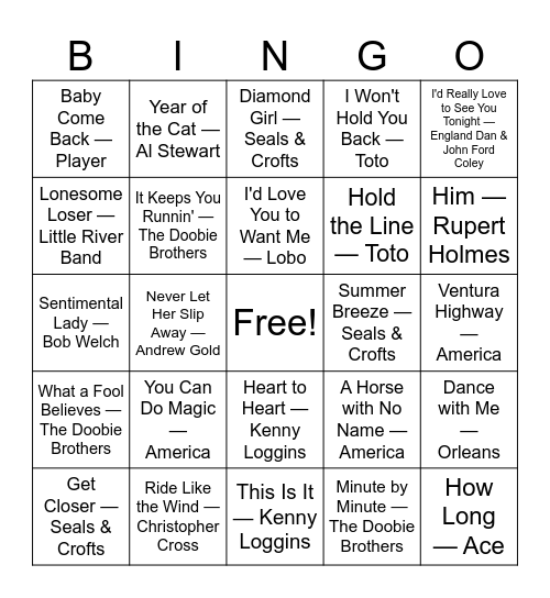 Yacht Rock/ Soft Rock Gold Bingo Card