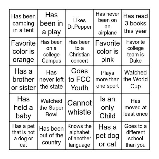 FCC Youth Bingo Card