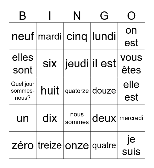 Les nombres 0-14 et les pronoms Bingo Card