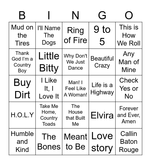 Country Songs Bingo Card