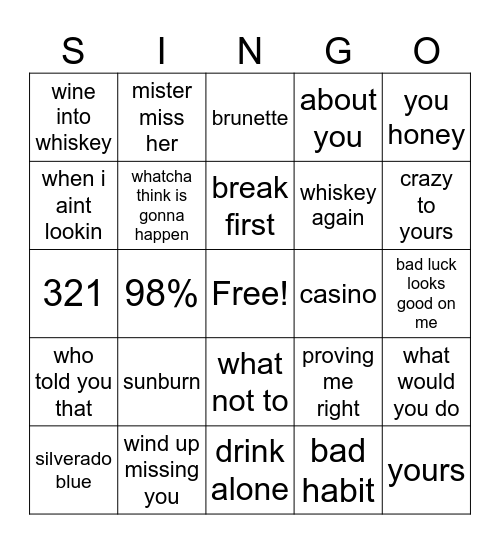 Tucker Wetmore Singo Bingo Card