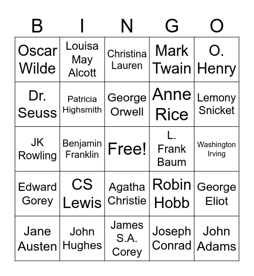 Pen Names Bingo Card