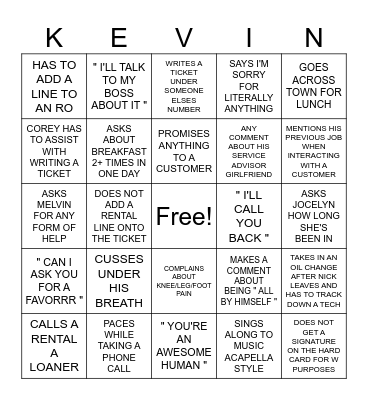 SERVICE BINGO Card