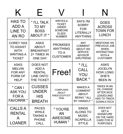 SERVICE BINGO Card