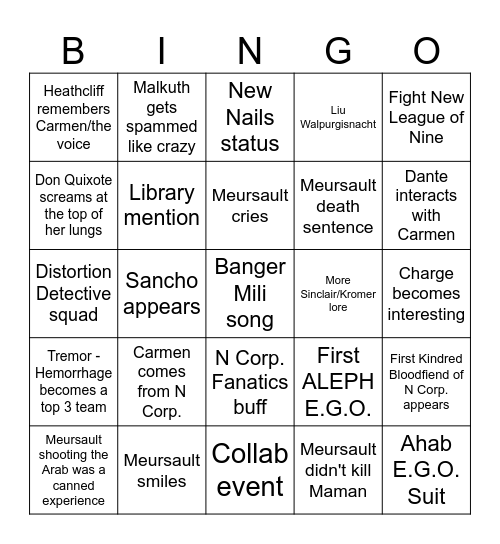 Canto X Bingo Card