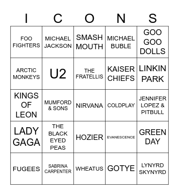 ICONIC SONGS Bingo Card