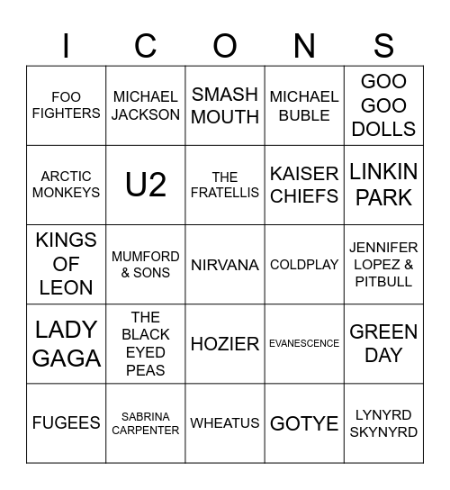 ICONIC SONGS Bingo Card