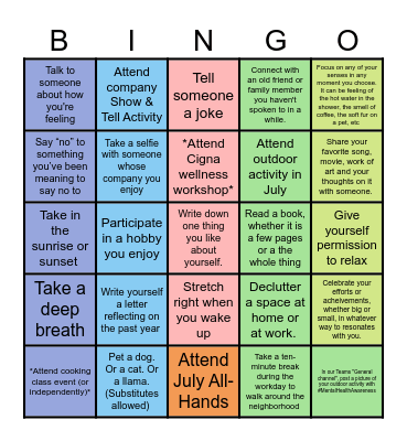 Mental Health Awareness Month Bingo Card