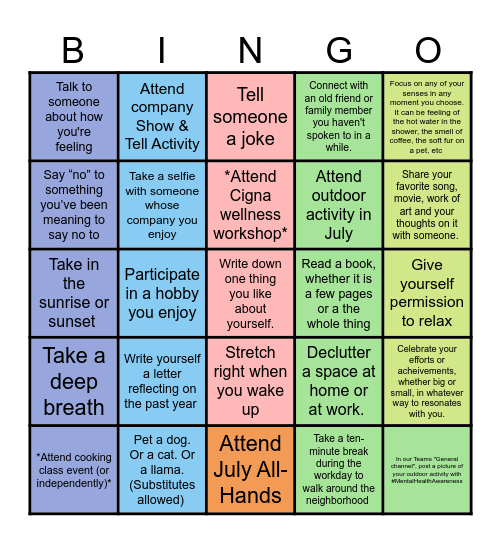 Mental Health Awareness Month Bingo Card