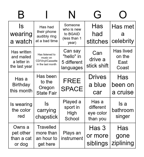 Bingo Activity Bingo Card