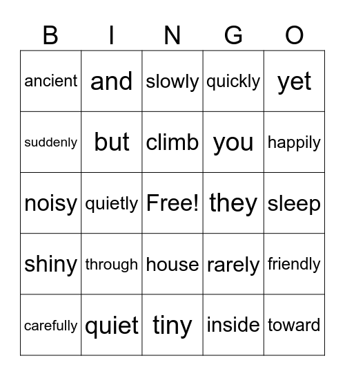 Parts of Speech Bingo Card