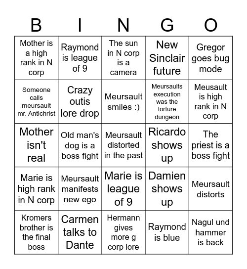 Canto 10 bingo Card