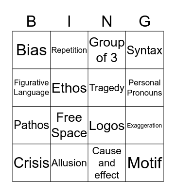 Vocabulary bingo Card