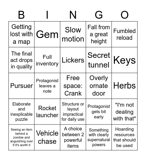 Resident Evil Bingo Card
