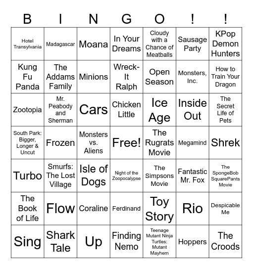 Favorite Animated Movie Bingo Card