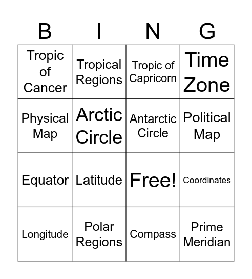Geography Vocabulary Bingo Card