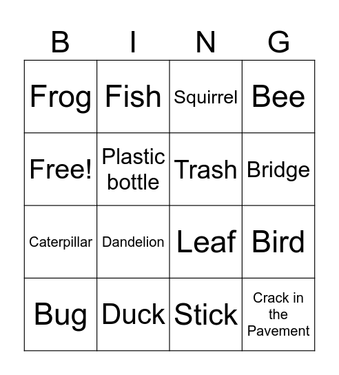 OUtdoor Walk Bingo Card