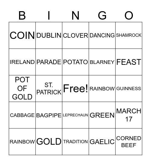 IRISH Bingo Card