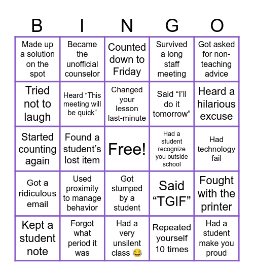 You know you’re a Teacher when… Bingo Card
