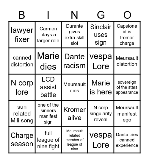 Canto 10 Bingo Card