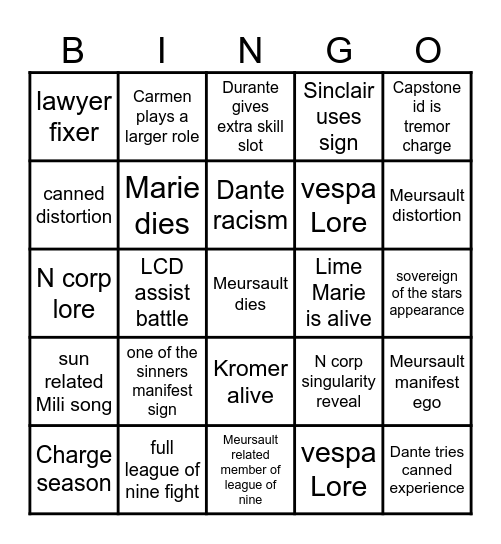 Canto 10 Bingo Card