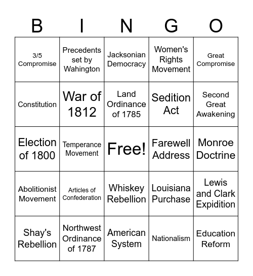 Unit 2: A New Nation - The Age of Jackson Bingo Card